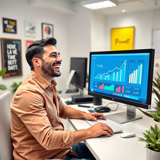 A joyful man sitting at a desk, looking at his computer screen displaying an upward trending sales graph