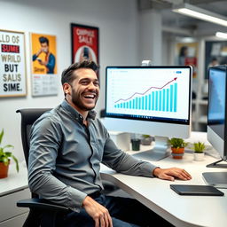 A joyful man sitting at a desk, looking at his computer screen displaying an upward trending sales graph