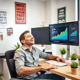A joyful man sitting at a desk, looking at his computer screen displaying an upward trending sales graph