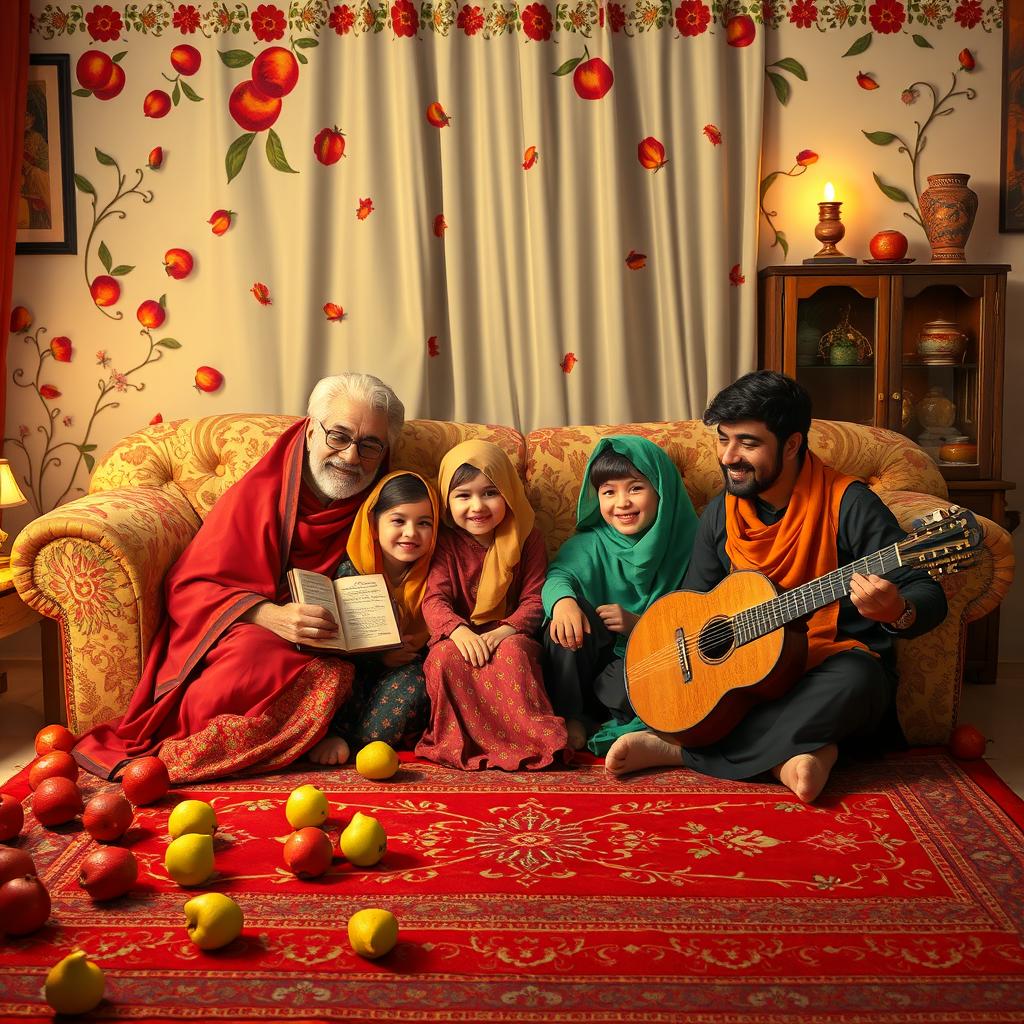 A cozy Iranian living room scene on Yalda Night, filled with warmth and joy