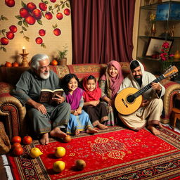 A cozy Iranian living room scene on Yalda Night, filled with warmth and joy