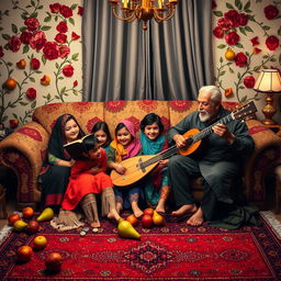 A cozy Iranian living room scene on Yalda Night, filled with warmth and joy