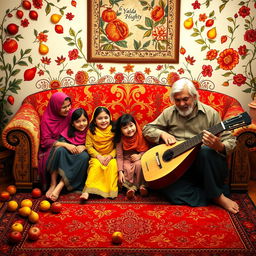 A cozy Iranian living room scene on Yalda Night, filled with warmth and joy