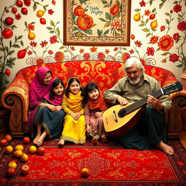 A cozy Iranian living room scene on Yalda Night, filled with warmth and joy
