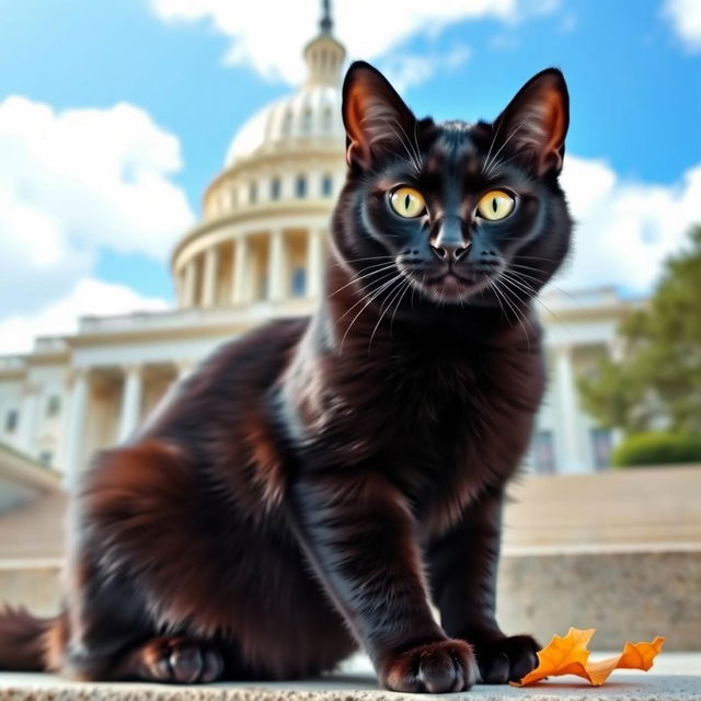 A charming black cat sitting gracefully in front of the United States Capitol building