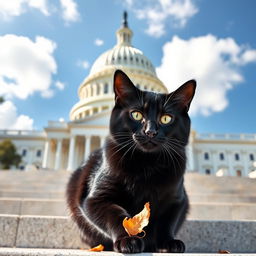 A charming black cat sitting gracefully in front of the United States Capitol building