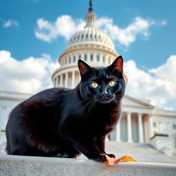 A charming black cat sitting gracefully in front of the United States Capitol building