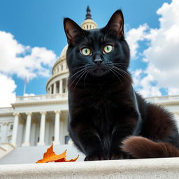 A charming black cat sitting gracefully in front of the United States Capitol building