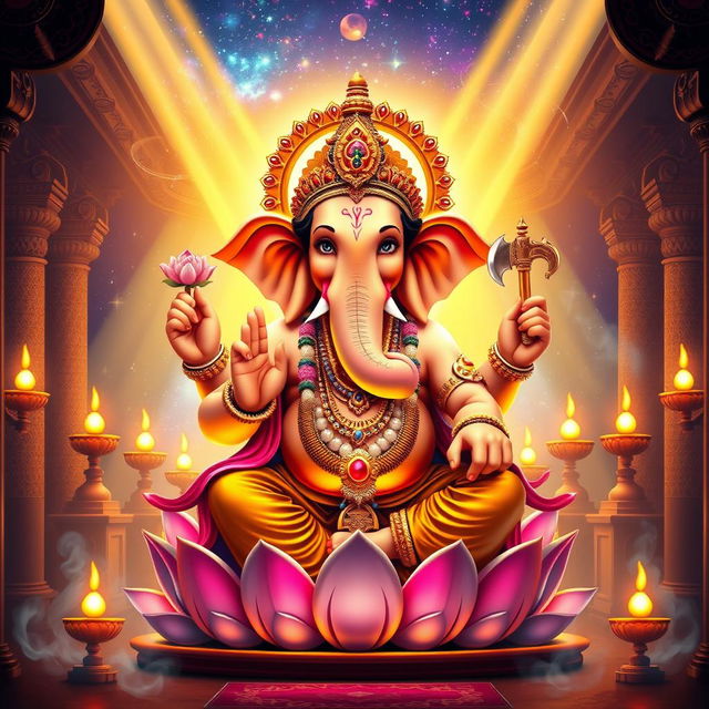 A divine and majestic scene featuring Lord Shri Ganesh ji, the Hindu God of wisdom and prosperity