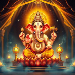 A divine and majestic scene featuring Lord Shri Ganesh ji, the Hindu God of wisdom and prosperity