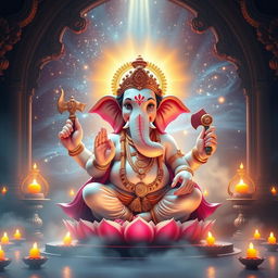 A divine and majestic scene featuring Lord Shri Ganesh ji, the Hindu God of wisdom and prosperity