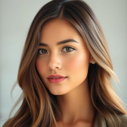 A portrait of a beautiful woman with striking features, her smaller eyes and compact lips adding a unique charm
