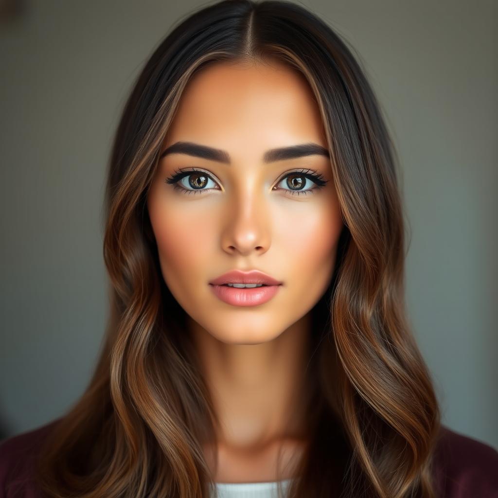 A portrait of a beautiful woman with striking features, her smaller eyes and compact lips adding a unique charm