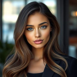 A portrait of a beautiful woman with striking features, her smaller eyes and compact lips adding a unique charm