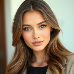 A portrait of a beautiful woman with striking features, her smaller eyes and compact lips adding a unique charm