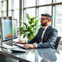 A Middle-Eastern man in a sharp business suit, sitting at a sleek desk, focused on his computer screen that vividly displays an upward trending sales graph