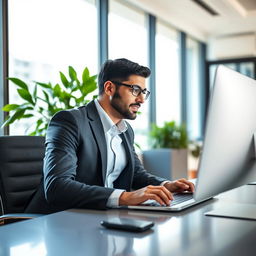 A Middle-Eastern man in a sharp business suit, sitting at a sleek desk, focused on his computer screen that vividly displays an upward trending sales graph