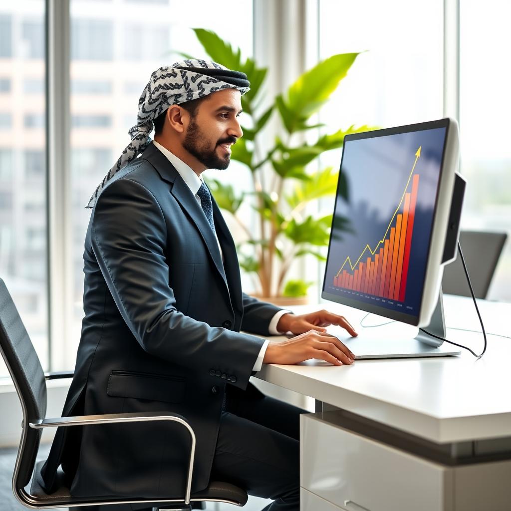 A Middle-Eastern man in a sharp business suit, sitting at a sleek desk, focused on his computer screen that vividly displays an upward trending sales graph