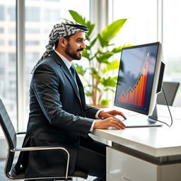A Middle-Eastern man in a sharp business suit, sitting at a sleek desk, focused on his computer screen that vividly displays an upward trending sales graph