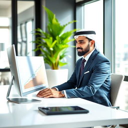 A Middle-Eastern man in a sharp business suit, sitting at a sleek desk, focused on his computer screen that vividly displays an upward trending sales graph