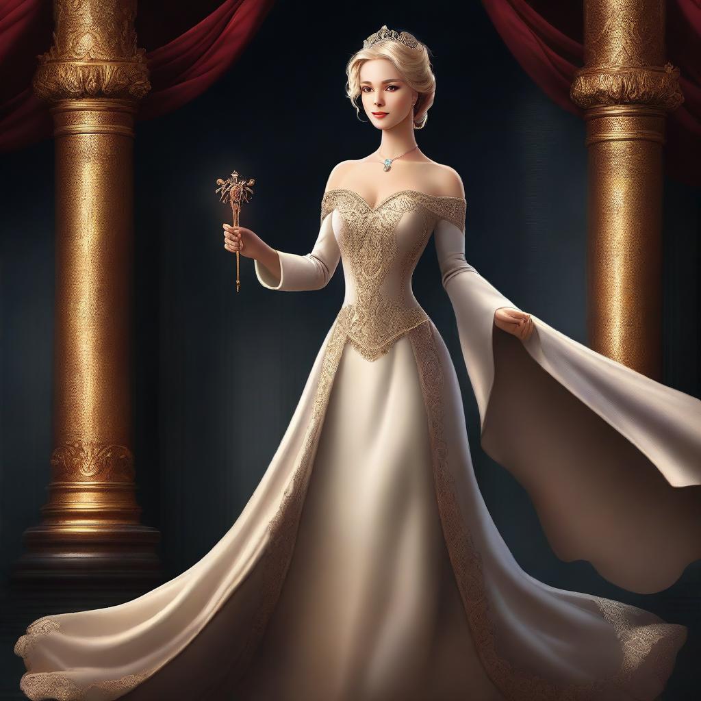 This digital art illustration depicts a princess in a classic European gown