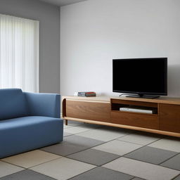 A comfortable living room with greyish floor tiles, a bluish sofa, and a contemporary television unit.