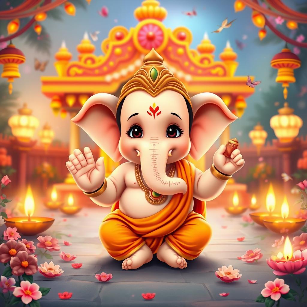 An adorable, childlike version of Lord Shri Ganesh ji, featuring a cute, chubby face, sparkling innocent eyes, and a playful smile