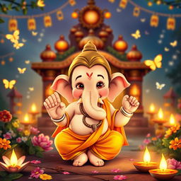 An adorable, childlike version of Lord Shri Ganesh ji, featuring a cute, chubby face, sparkling innocent eyes, and a playful smile