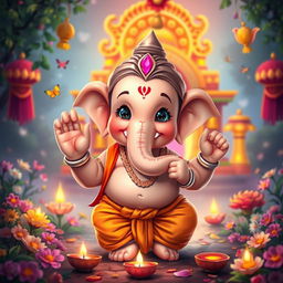 An adorable, childlike version of Lord Shri Ganesh ji, featuring a cute, chubby face, sparkling innocent eyes, and a playful smile