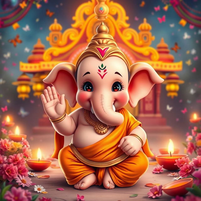 An adorable, childlike version of Lord Shri Ganesh ji, featuring a cute, chubby face, sparkling innocent eyes, and a playful smile