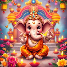 An adorable, childlike version of Lord Shri Ganesh ji with a cute, chubby face, sparkling innocent eyes, and a playful smile