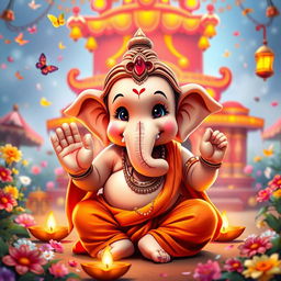 An adorable, childlike version of Lord Shri Ganesh ji with a cute, chubby face, sparkling innocent eyes, and a playful smile