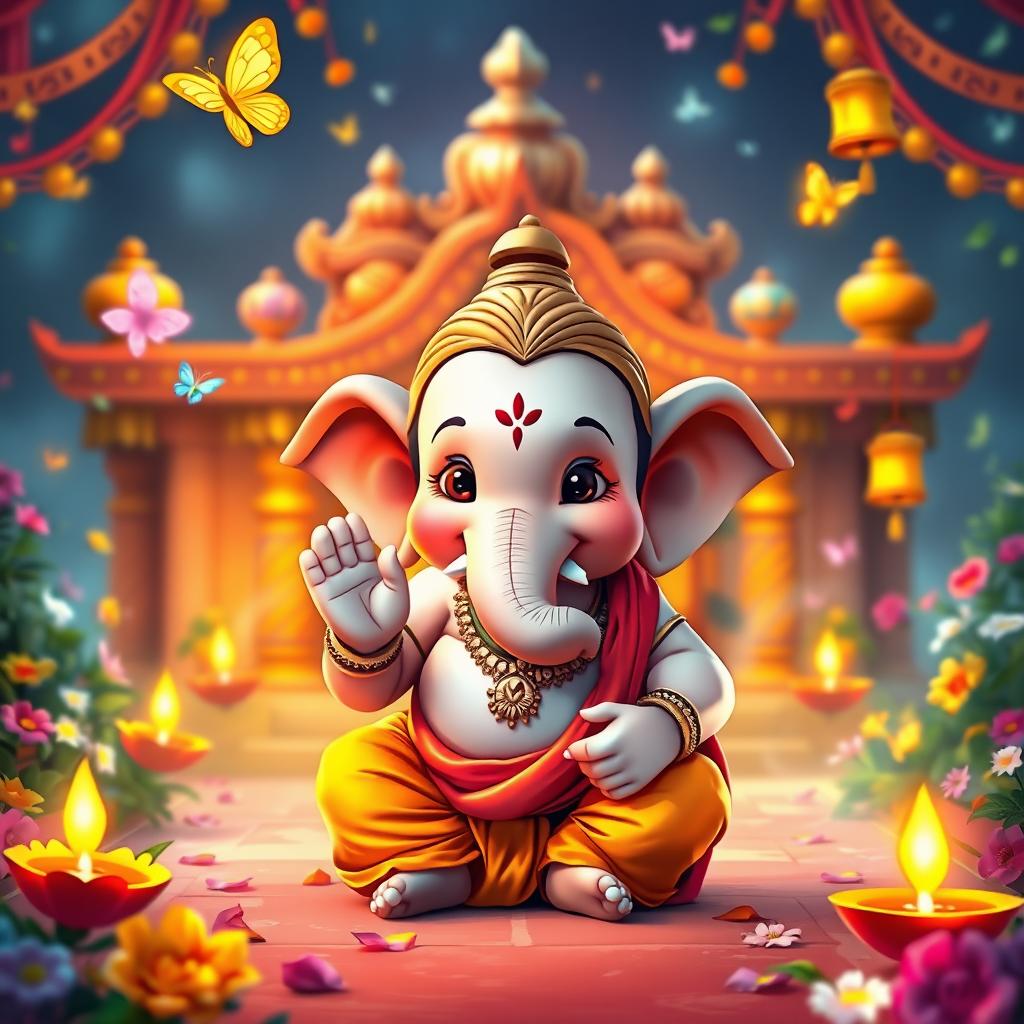 An adorable, childlike version of Lord Shri Ganesh ji with a cute, chubby face, sparkling innocent eyes, and a playful smile