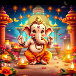 An adorable, childlike version of Lord Shri Ganesh ji with a cute, chubby face, sparkling innocent eyes, and a playful smile