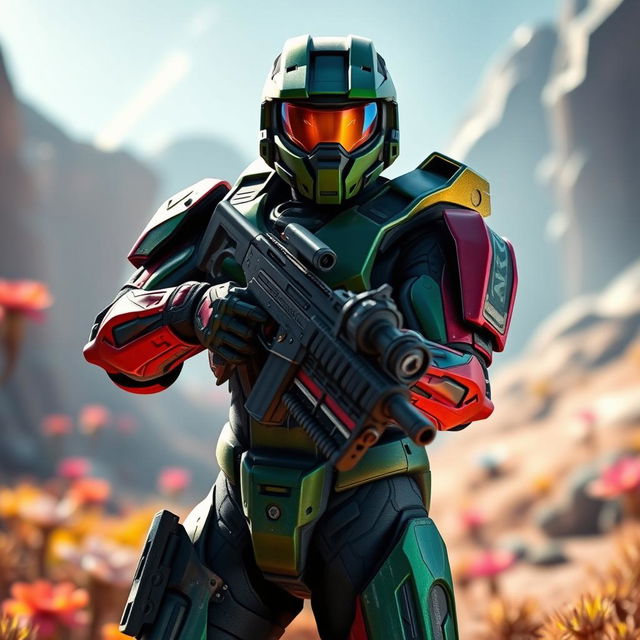 A futuristic soldier from the game HALO, wearing advanced combat armor, poses confidently with a high-tech assault rifle