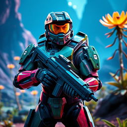 A futuristic soldier from the game HALO, wearing advanced combat armor, poses confidently with a high-tech assault rifle