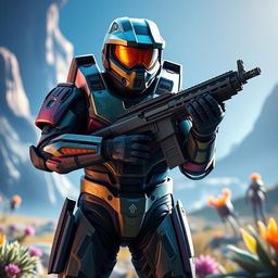A futuristic soldier from the game HALO, wearing advanced combat armor, poses confidently with a high-tech assault rifle
