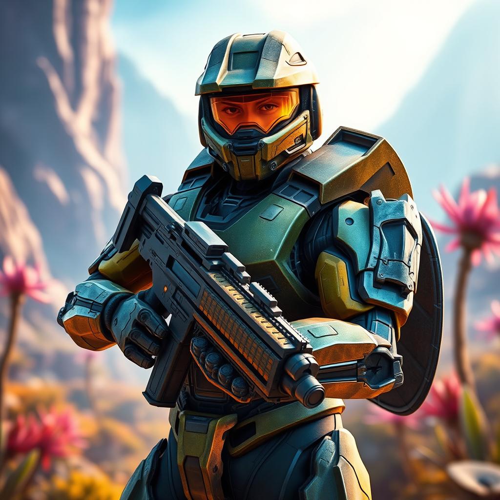 A futuristic soldier from the game HALO, wearing advanced combat armor, poses confidently with a high-tech assault rifle