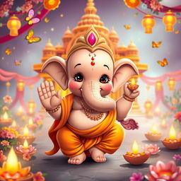 An adorable, childlike version of Lord Shri Ganesh ji with a cute, chubby face, sparkling innocent eyes, and a playful smile