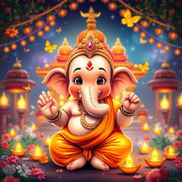An adorable, childlike version of Lord Shri Ganesh ji with a cute, chubby face, sparkling innocent eyes, and a playful smile