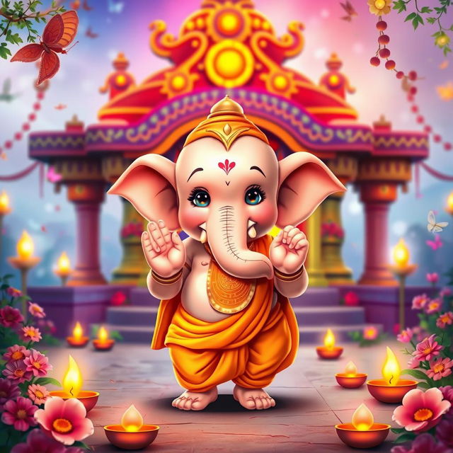 An adorable, childlike version of Lord Shri Ganesh ji with a cute, chubby face, sparkling innocent eyes, and a playful smile