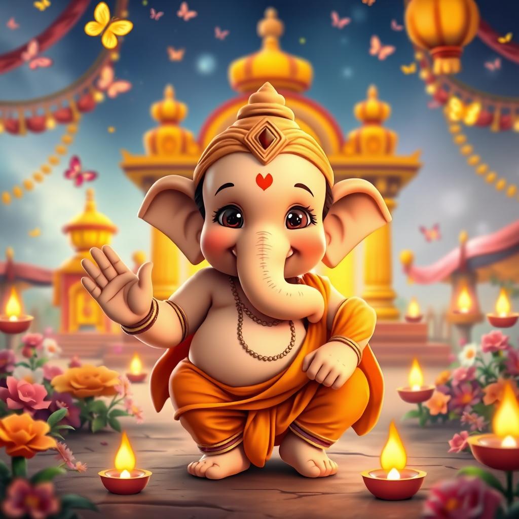 An adorable, childlike version of Lord Shri Ganesh ji with a cute, chubby face, sparkling innocent eyes, and a playful smile