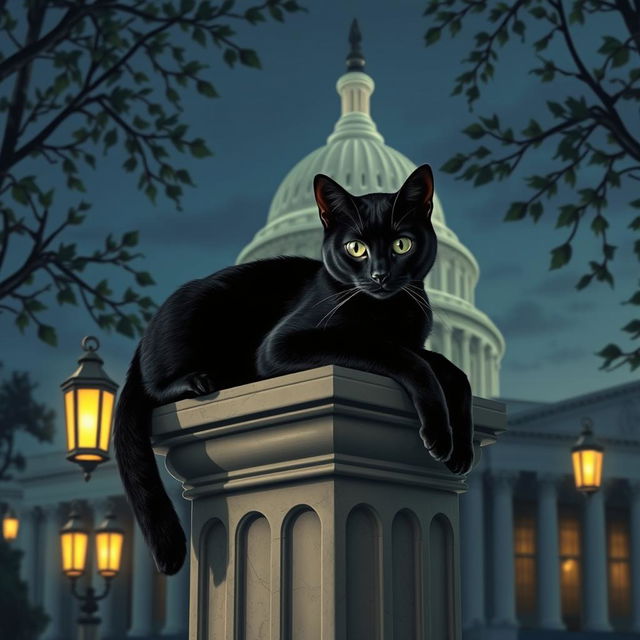 A sleek black cat with shiny fur lounging in a stylized version of the United States Capitol building