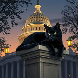 A sleek black cat with shiny fur lounging in a stylized version of the United States Capitol building
