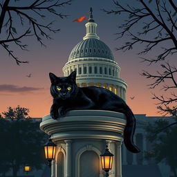 A sleek black cat with shiny fur lounging in a stylized version of the United States Capitol building