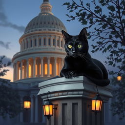 A sleek black cat with shiny fur lounging in a stylized version of the United States Capitol building