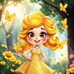 A whimsical cartoon character named Matilda, with vibrant golden hair styled in playful curls, wearing an elegant sparkly dress in shades of gold and yellow