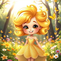 A whimsical cartoon character named Matilda, with vibrant golden hair styled in playful curls, wearing an elegant sparkly dress in shades of gold and yellow