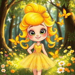 A whimsical cartoon character named Matilda, with vibrant golden hair styled in playful curls, wearing an elegant sparkly dress in shades of gold and yellow