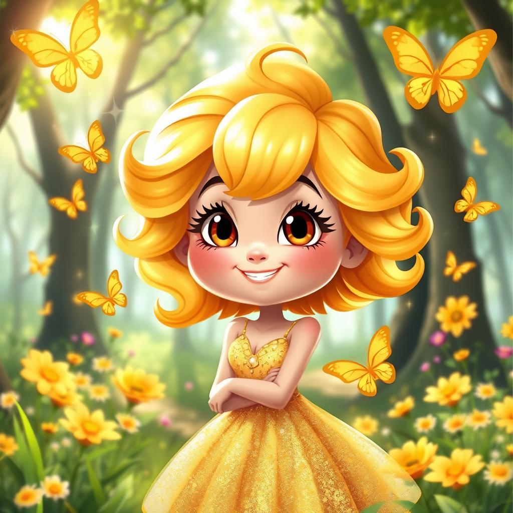 A whimsical cartoon character named Matilda, with vibrant golden hair styled in playful curls, wearing an elegant sparkly dress in shades of gold and yellow